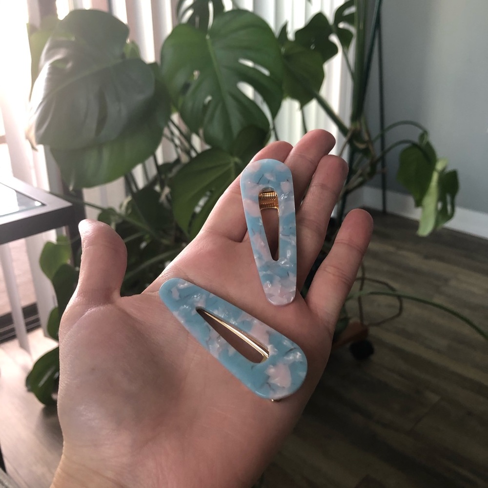Blue and pink hair clip pair